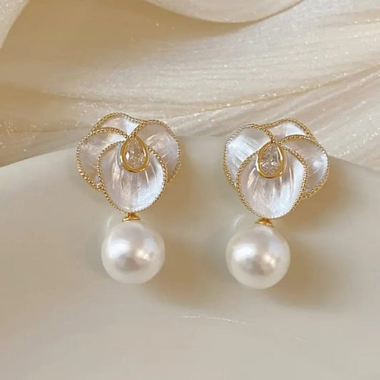 Golden & White Enamel Flower Earrings With Cubic Zirconia Center & Pearl Accent