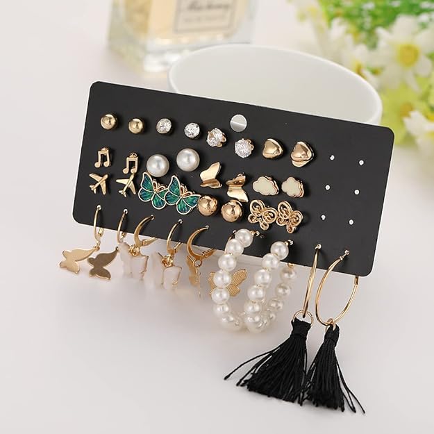 Multicolor Trendy Butterfly & Pearl Earrings Set For Women And Girls (17 Pairs)