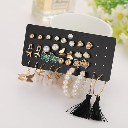 Multicolor Trendy Butterfly & Pearl Earrings Set For Women And Girls (17 Pairs)