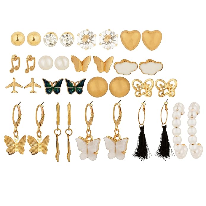 Multicolor Trendy Butterfly & Pearl Earrings Set For Women And Girls (17 Pairs)