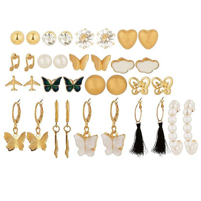 Multicolor Trendy Butterfly & Pearl Earrings Set For Women And Girls (17 Pairs)