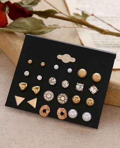 Gold & Pearl Trendy Stud Earrings Set For Women & Girls (12 Pairs)