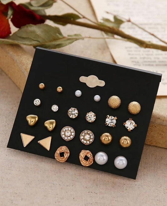 Gold & Pearl Trendy Stud Earrings Set For Women & Girls (12 Pairs)
