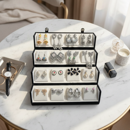 Multi-Layer Velvet Earring Organizer Box | Stylish Jewellery Storage Case