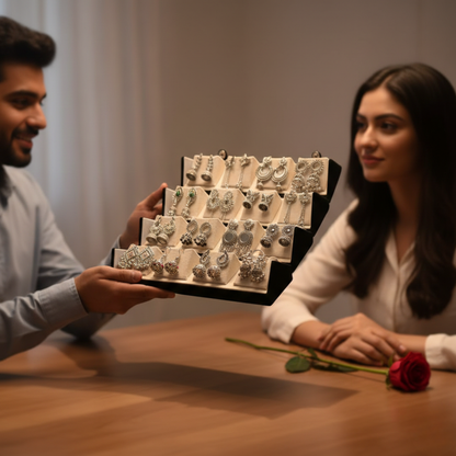 Oxidized Silver Jhumki Collection with Flat Jewelry Organizer Box | Multi-Design Ethnic Earrings Set for Women & Girls | Travel Friendly Storage