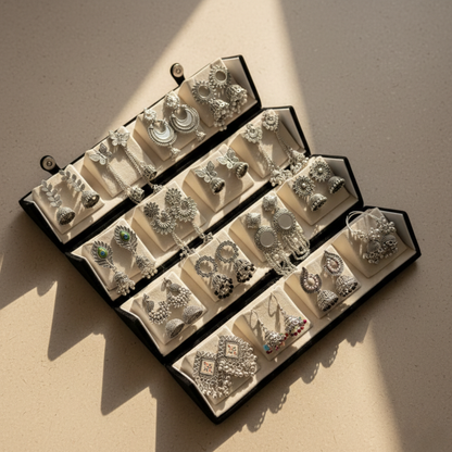 Oxidized Silver Jhumki Collection with Flat Jewelry Organizer Box | Multi-Design Ethnic Earrings Set for Women & Girls | Travel Friendly Storage