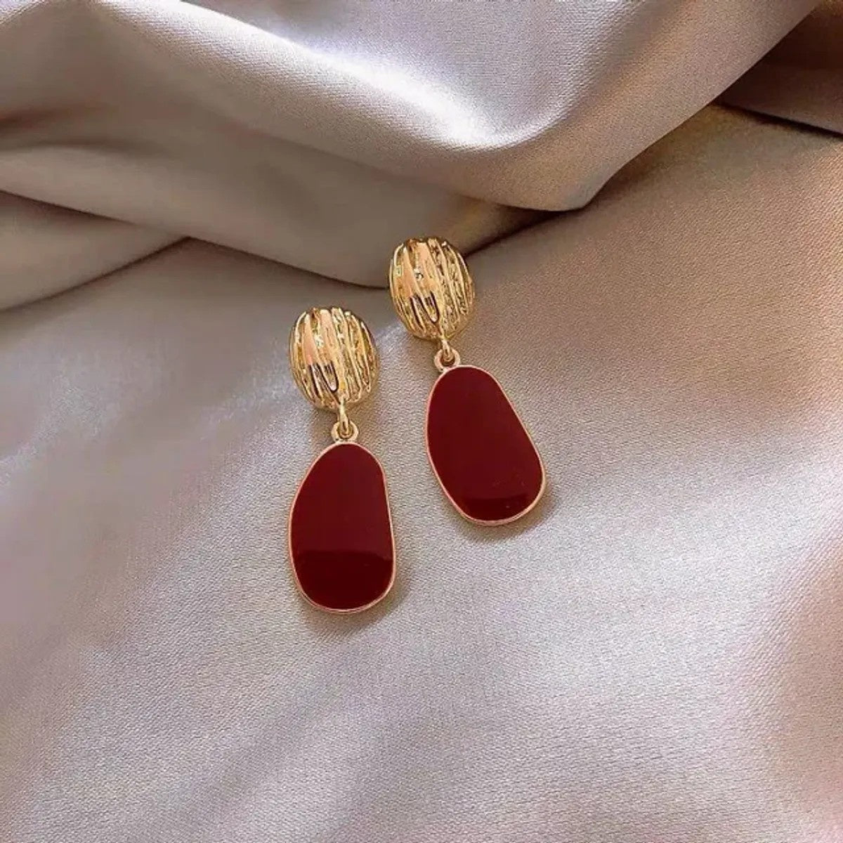 Gold & Wine Red Korean-Inspired Chic Geometric Drop Earrings