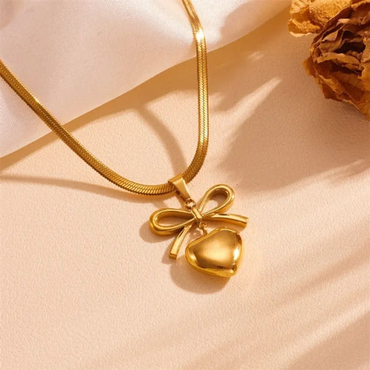 Gold Plated Heart Pendant Necklace With Bow