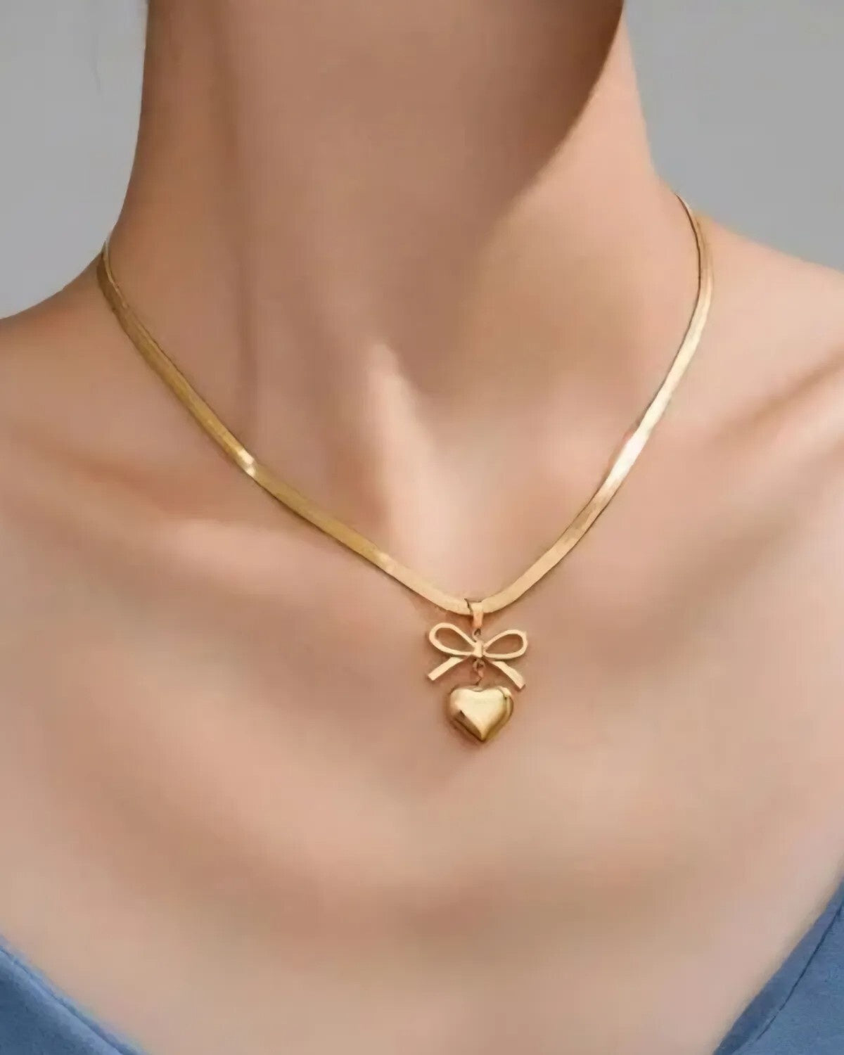 Gold Plated Heart Pendant Necklace With Bow