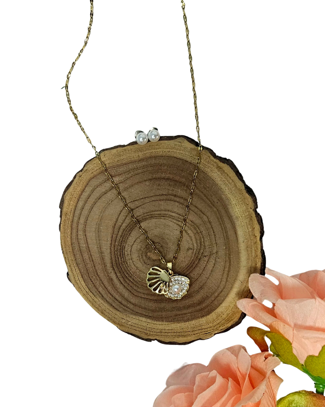 Golden Korean Gold Plated Pearl Shell Necklace & Earrings With Gift Box For Women & Girls