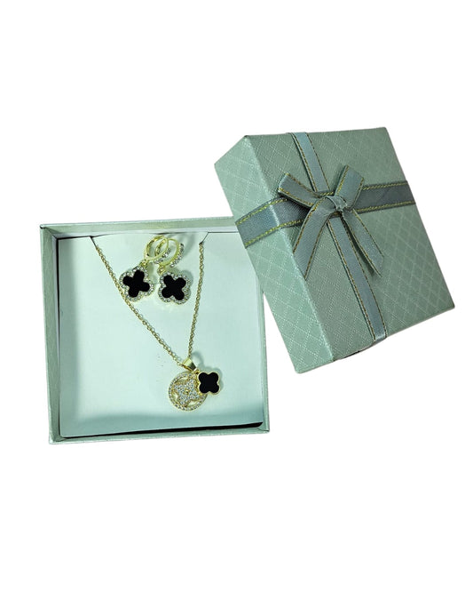 Black Clover Pendant & Earrings Set Gift Box For Women