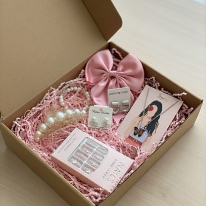 Premium Girls’ Fashion & Beauty Gift Hamper – Hair Bow, Earrings, Pendant, Claw Clip, Bracelet & Press-On Nails