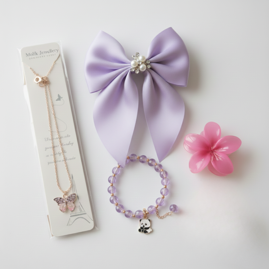 Girls Fashion Gift Hamper – Butterfly Pendant, Hair Bow & Bracelet flower clip