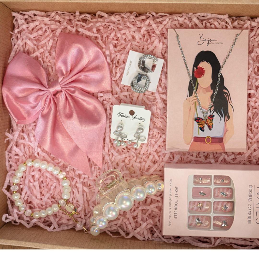 Premium Girls’ Fashion & Beauty Gift Hamper – Hair Bow, Earrings, Pendant, Claw Clip, Bracelet & Press-On Nails
