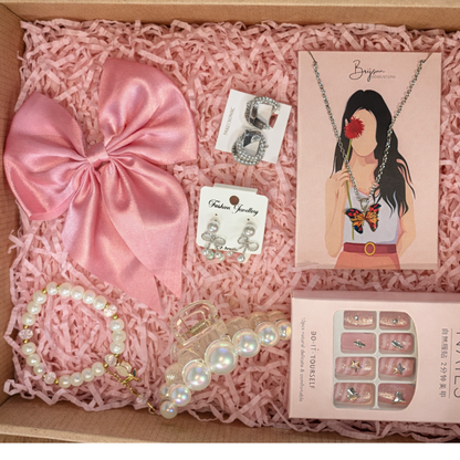 Premium Girls’ Fashion & Beauty Gift Hamper – Hair Bow, Earrings, Pendant, Claw Clip, Bracelet & Press-On Nails