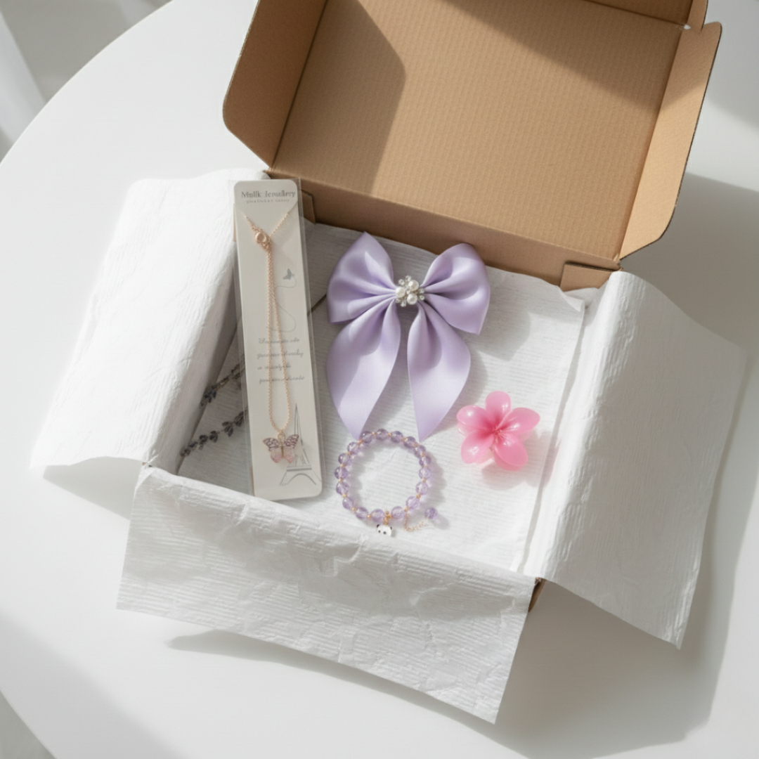 Girls Fashion Gift Hamper – Butterfly Pendant, Hair Bow & Bracelet flower clip