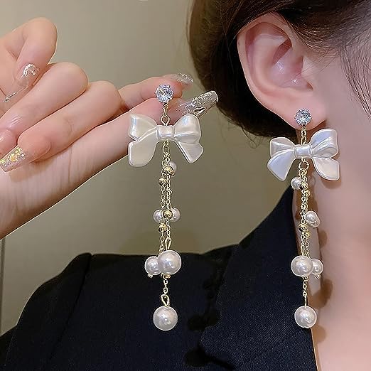 White Gold Plated Korean Style Bow Drop Earrings With Pearls For Women & Girls