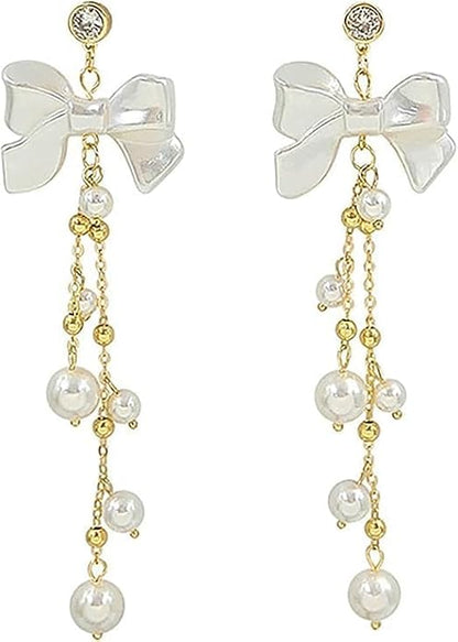 White Gold Plated Korean Style Bow Drop Earrings With Pearls For Women & Girls