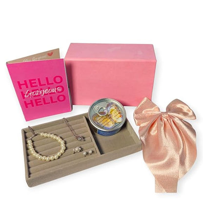 Silver 6 In 1  Love Pearl Jewelry Gift Set, Nail Extensions, Hair Bow, Earrings, Bracelet & Pink Gift Box For Women & Girls