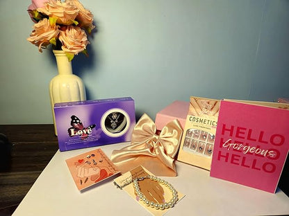Silver 6 In 1  Love Pearl Jewelry Gift Set, Nail Extensions, Hair Bow, Earrings, Bracelet & Pink Gift Box For Women & Girls