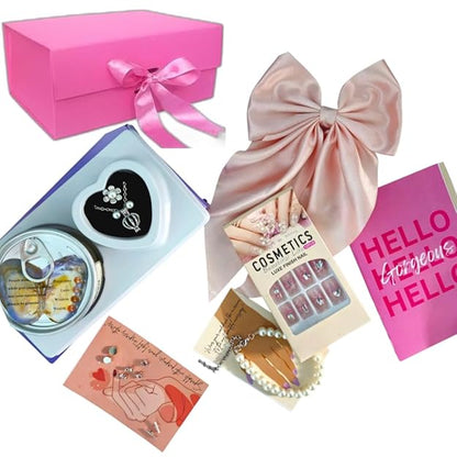 Silver 6 In 1  Love Pearl Jewelry Gift Set, Nail Extensions, Hair Bow, Earrings, Bracelet & Pink Gift Box For Women & Girls