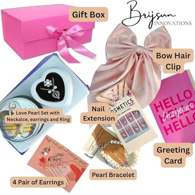 Silver 6 In 1  Love Pearl Jewelry Gift Set, Nail Extensions, Hair Bow, Earrings, Bracelet & Pink Gift Box For Women & Girls