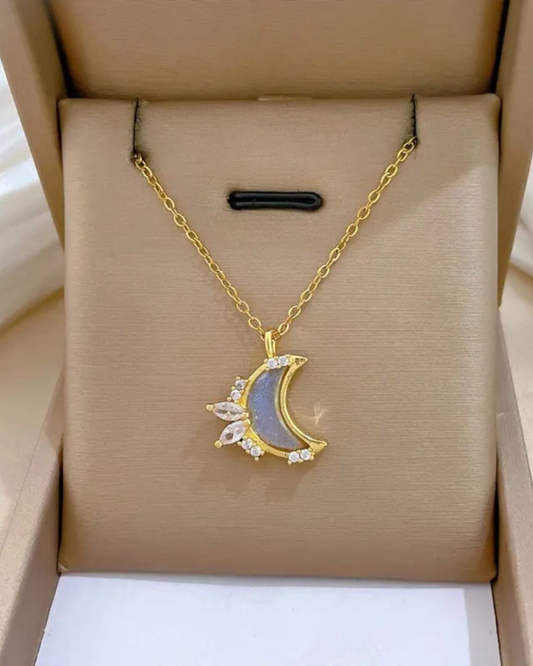 Light Blue Moon & Star Crescent Design With Sparkling Stone Accents Pendant Necklace