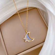 Light Blue Moon & Star Crescent Design With Sparkling Stone Accents Pendant Necklace
