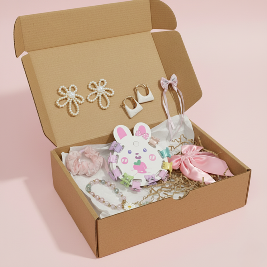 Girls Premium Accessory Gift Hamper – Hair Clips, Pearl Earrings, Bow Set, Scrunchie & Bracelet | Cute Pastel Fashion Kit