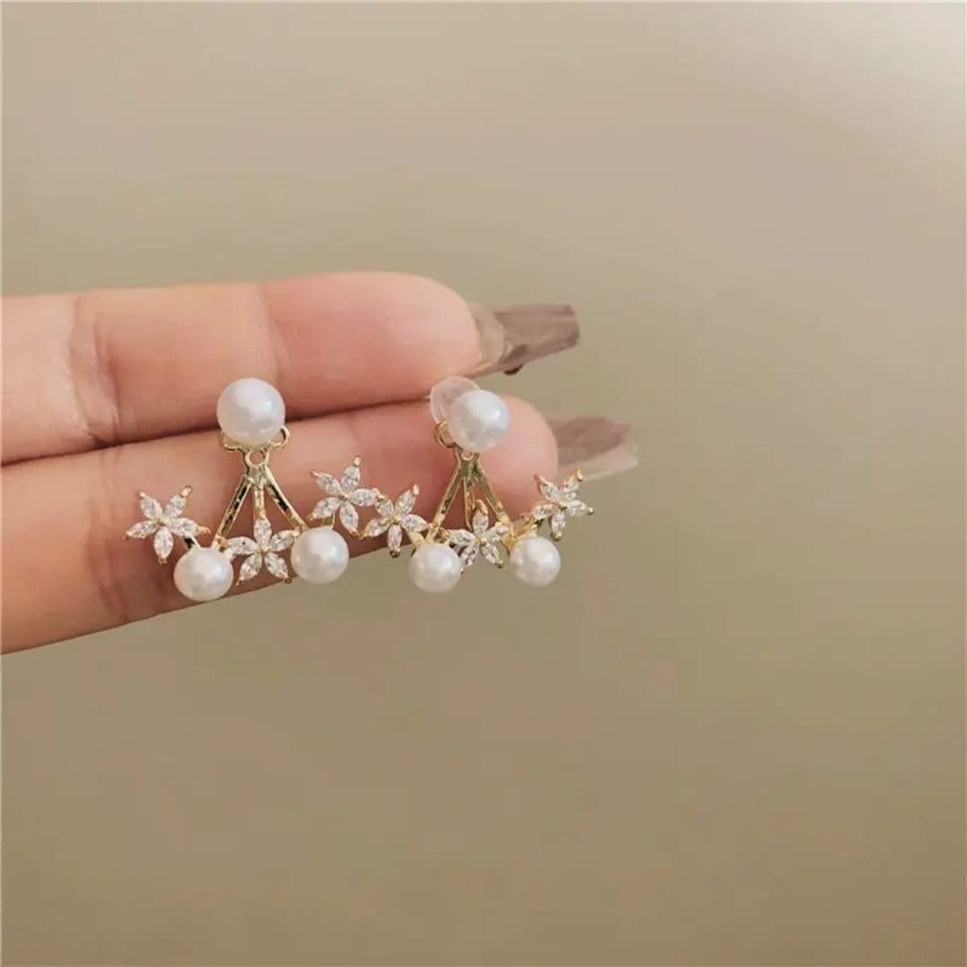 Gold Delicate Faux Pearl With Crystal Accents Korean-Style Stud Earrings