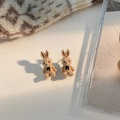 Brown Korean-Style Plush Bunny Stud Earrings