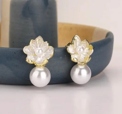 White Korean Style Pearl Drop Earrings For Women & Girls
