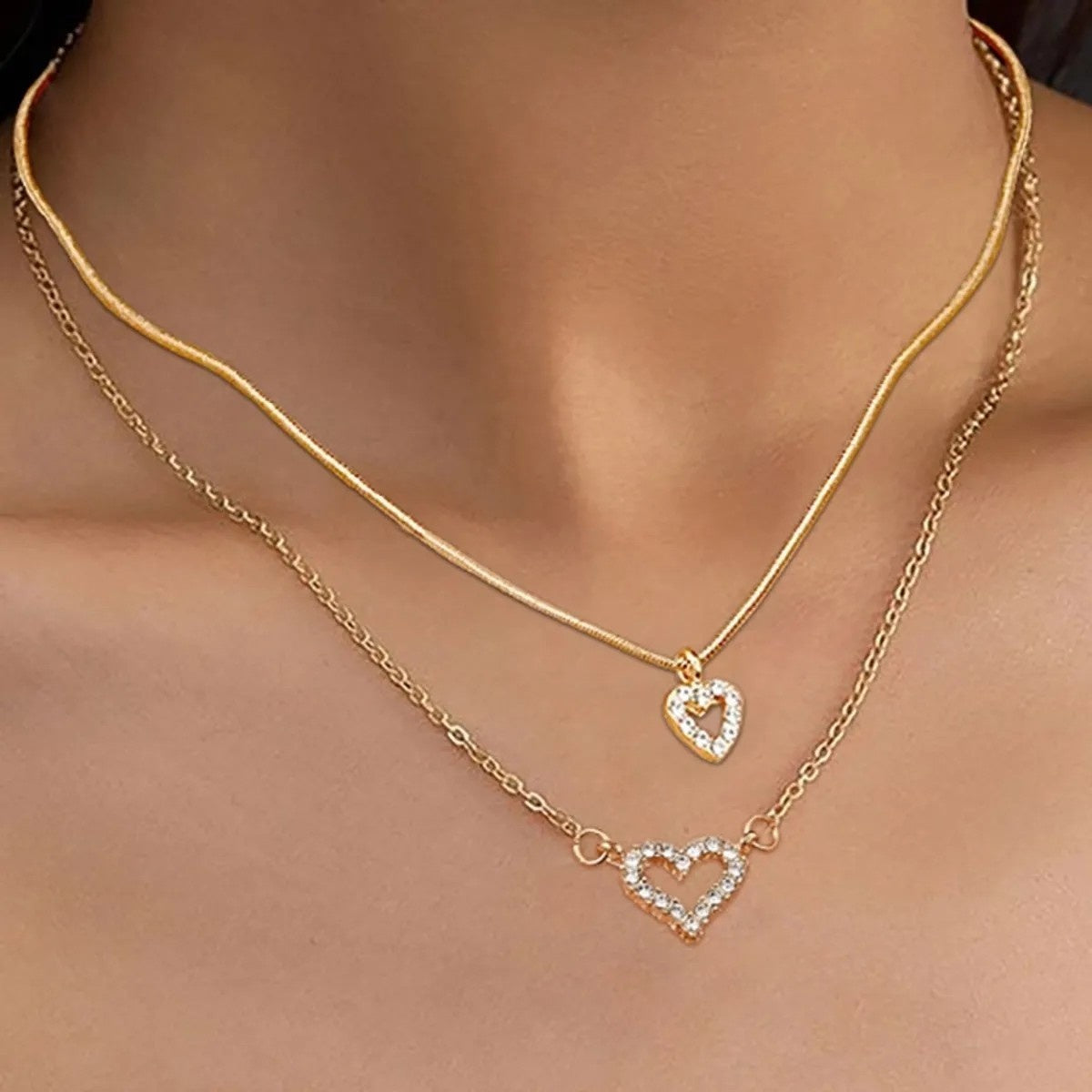 Golden Dual Toned Chains With Crystal Accent Layered Heart Pendant Necklace
