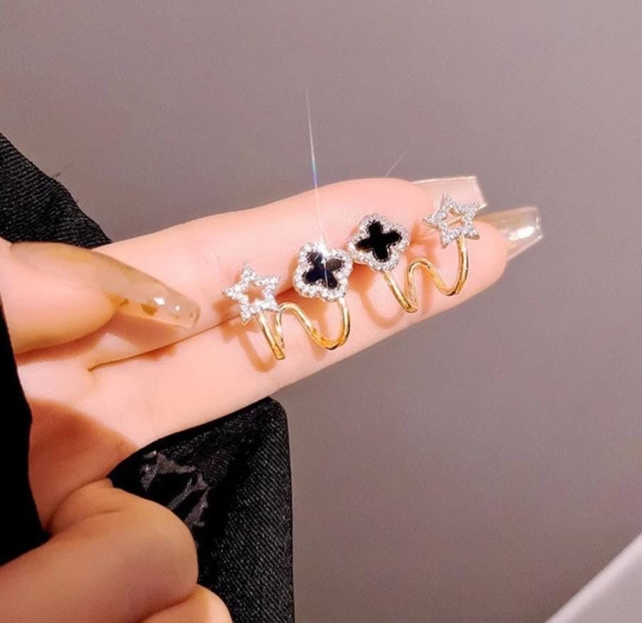 Black Gold Plated Korean Style Adjustable Clover & Flower Earring Set For Girls/Women