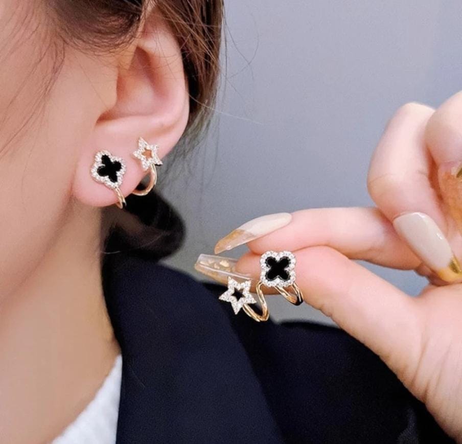 Black Gold Plated Korean Style Adjustable Clover & Flower Earring Set For Girls/Women