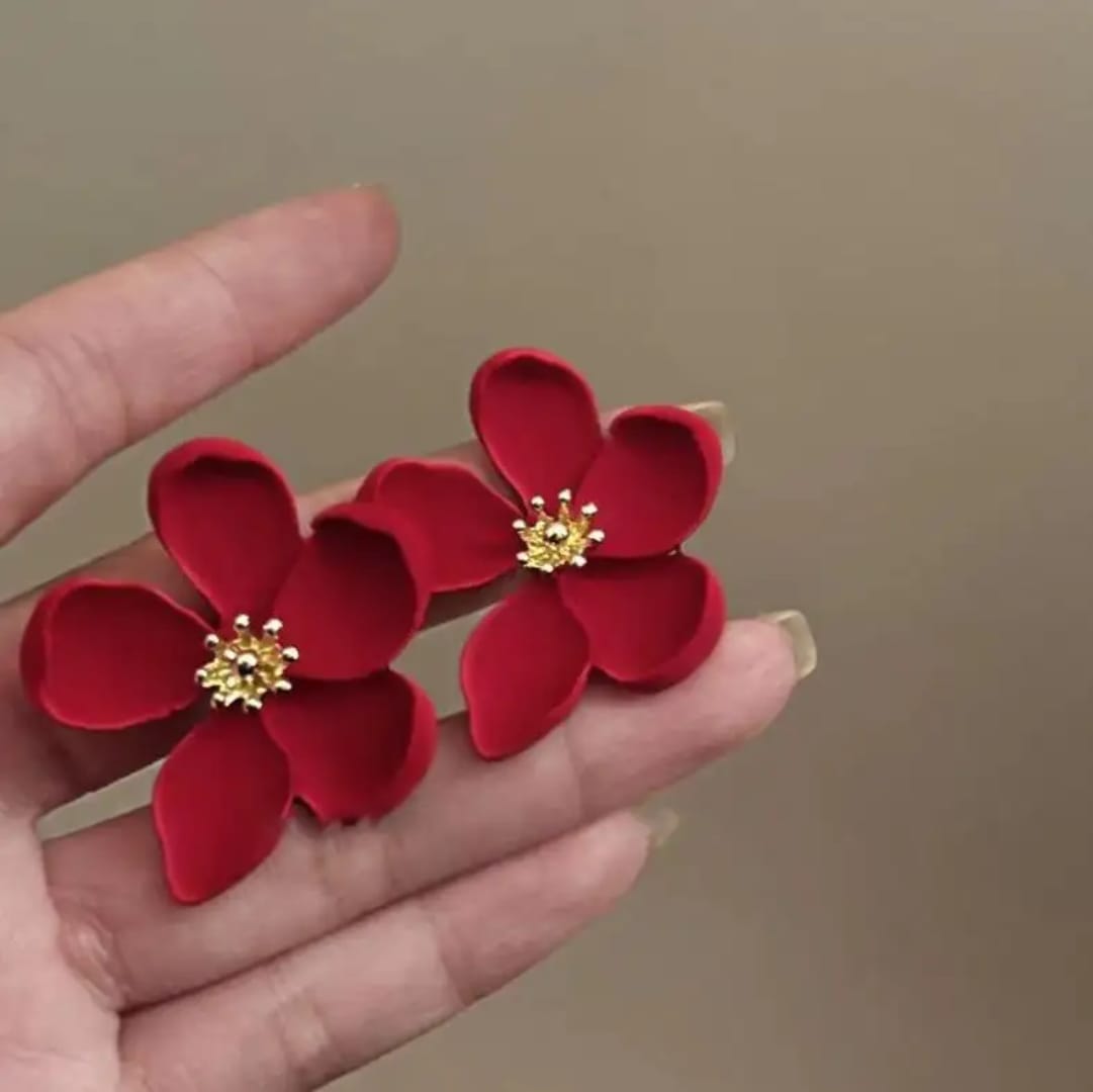 Matte Red Floral Stud Earrings For Girls & Women