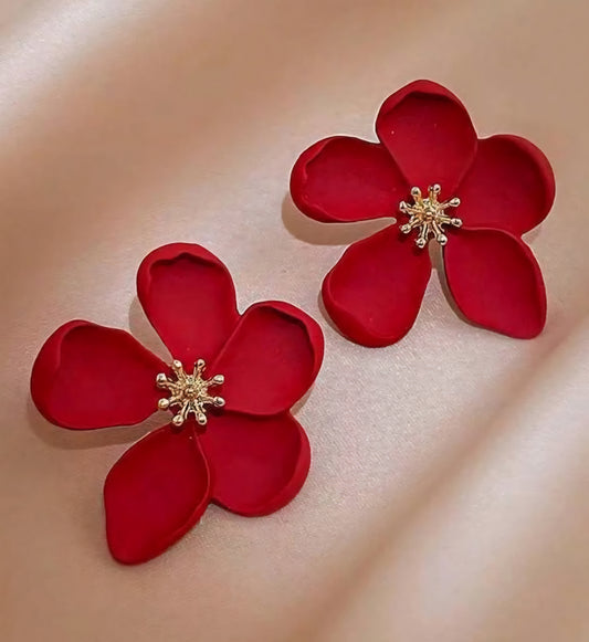 Matte Red Floral Stud Earrings For Girls & Women