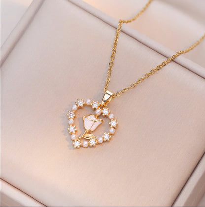 Gold Plated Korean Style Dreamy Heart Pendant Necklace With Floral Design For Women & Girls