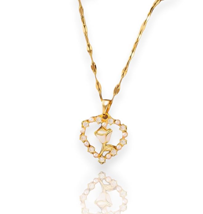 Gold Plated Korean Style Dreamy Heart Pendant Necklace With Floral Design For Women & Girls