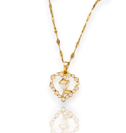 Gold Plated Korean Style Dreamy Heart Pendant Necklace With Floral Design For Women & Girls