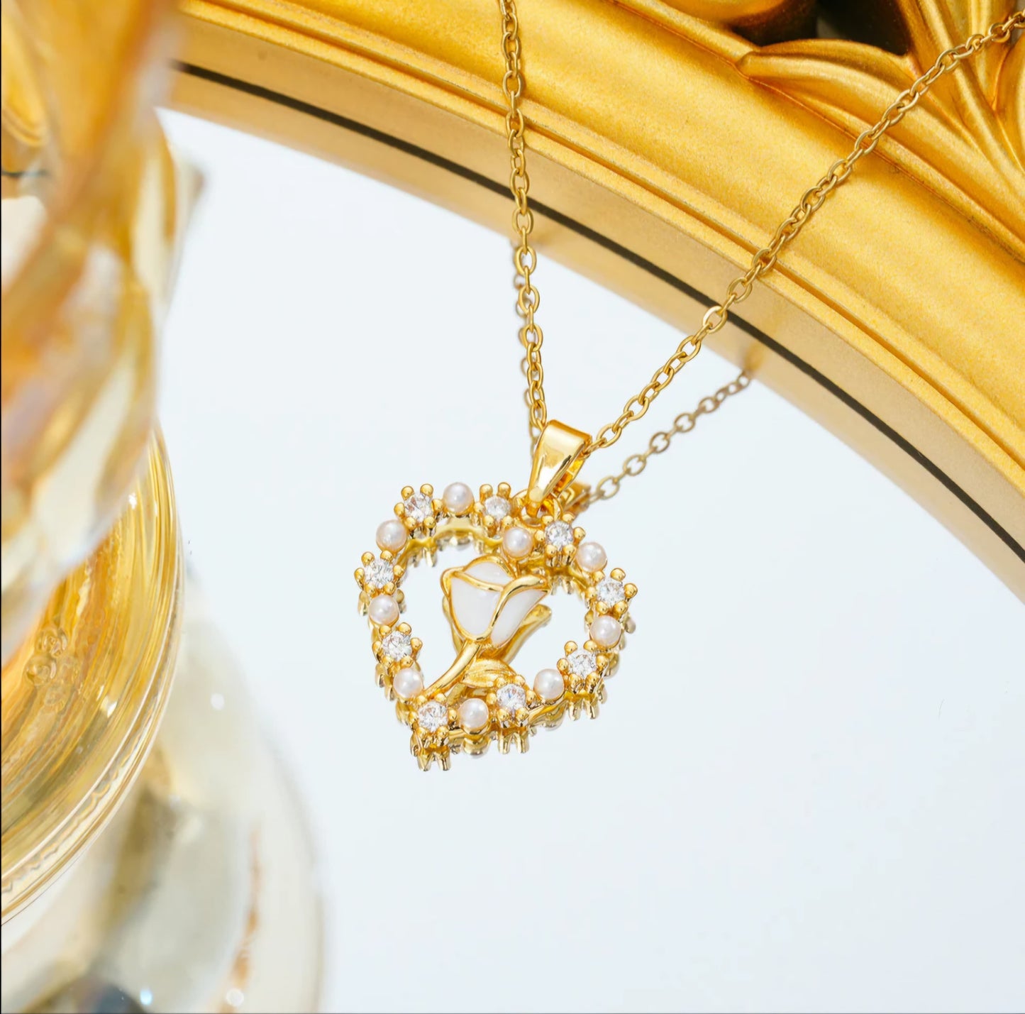 Gold Plated Korean Style Dreamy Heart Pendant Necklace With Floral Design For Women & Girls