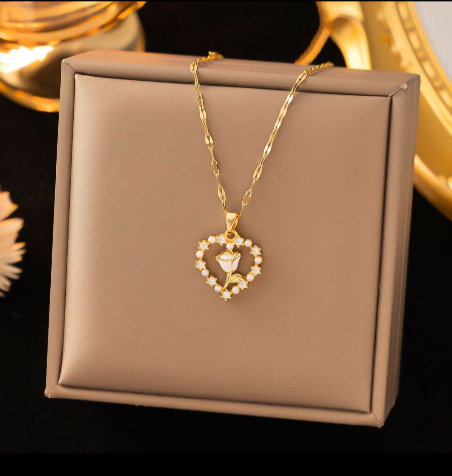 Gold Plated Korean Style Dreamy Heart Pendant Necklace With Floral Design For Women & Girls