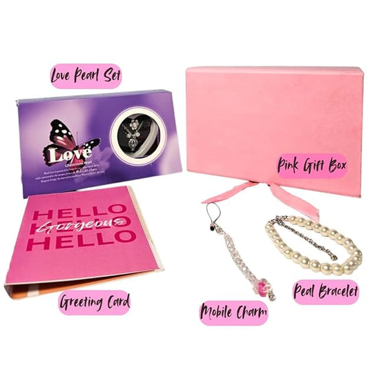 White Pearl In Oyster With Pendant, Bracelet, Mobile Charm, Greeting Card & Pink Gift Box For Women & Girls