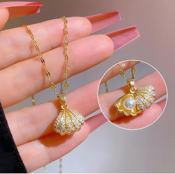 Gold Plated Shell Pearl Pendant Necklace For Women & Girls
