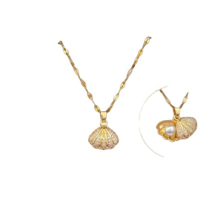 Gold Plated Shell Pearl Pendant Necklace For Women & Girls