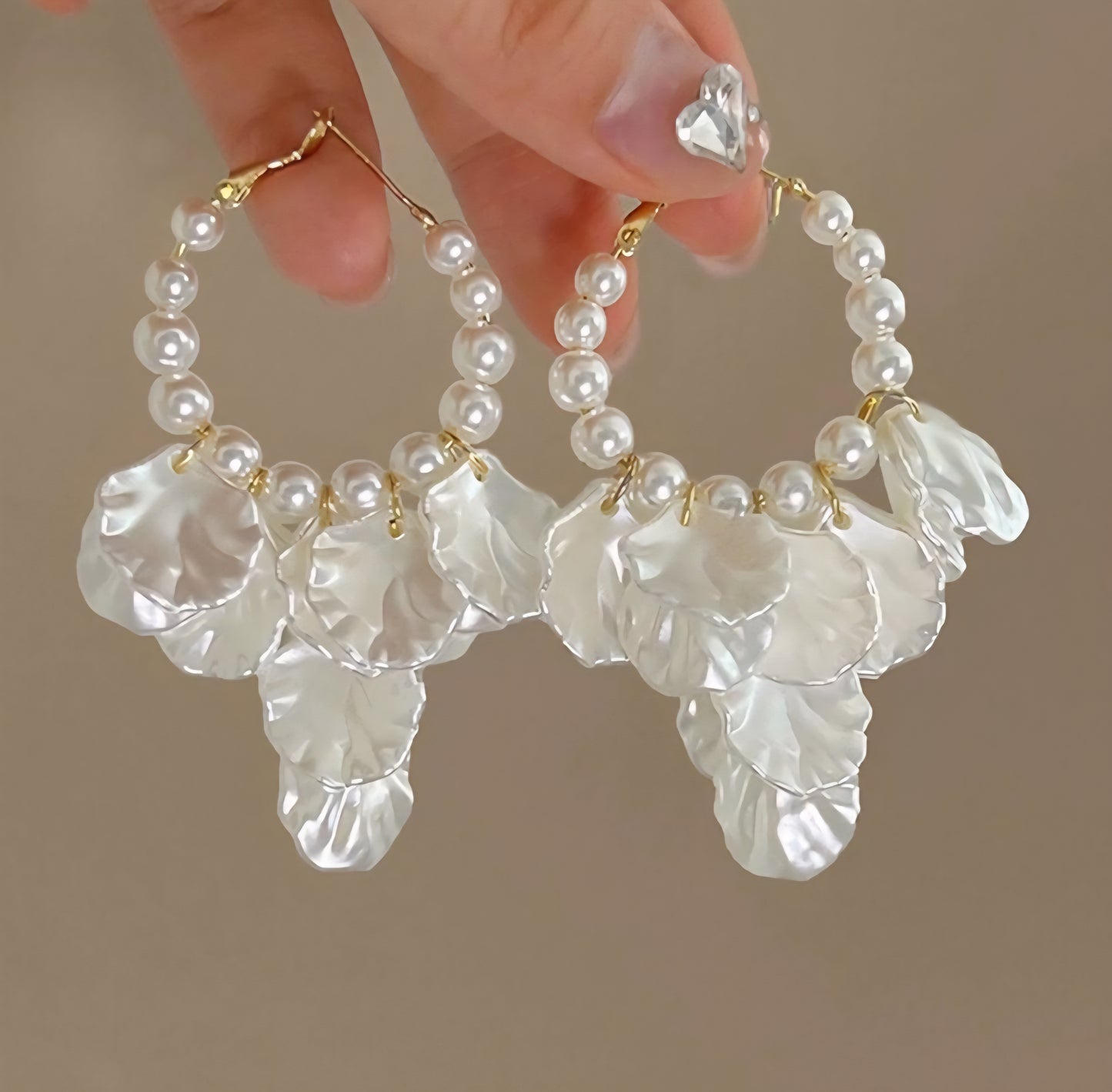 White Petal Drop Design Pearl Beaded Floral Hoop Earrings For Women