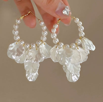 White Petal Drop Design Pearl Beaded Floral Hoop Earrings For Women