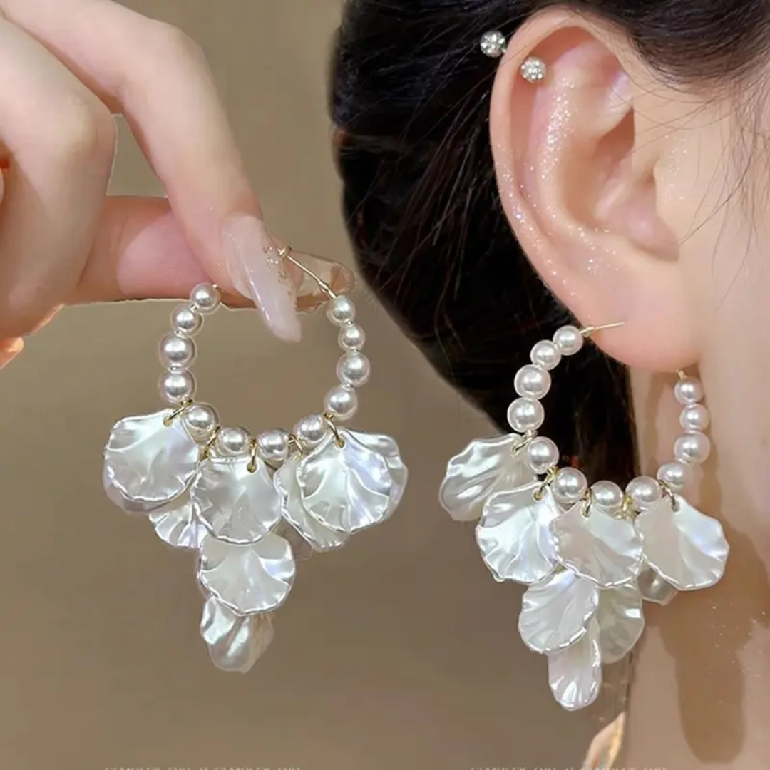White Petal Drop Design Pearl Beaded Floral Hoop Earrings For Women