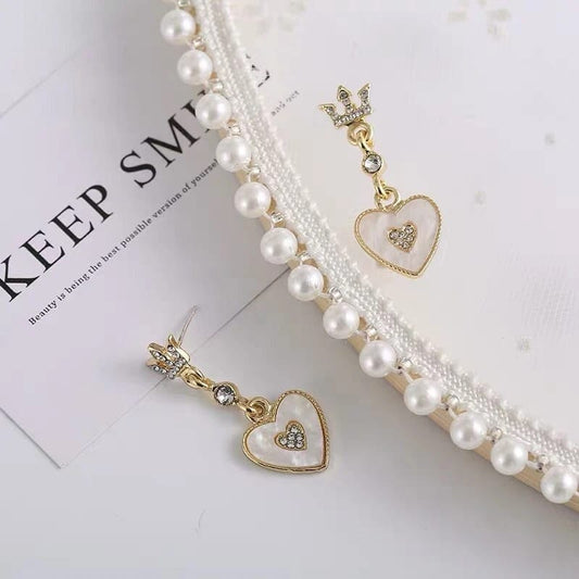 Golden White Pearl Heart Crown Stud Earrings