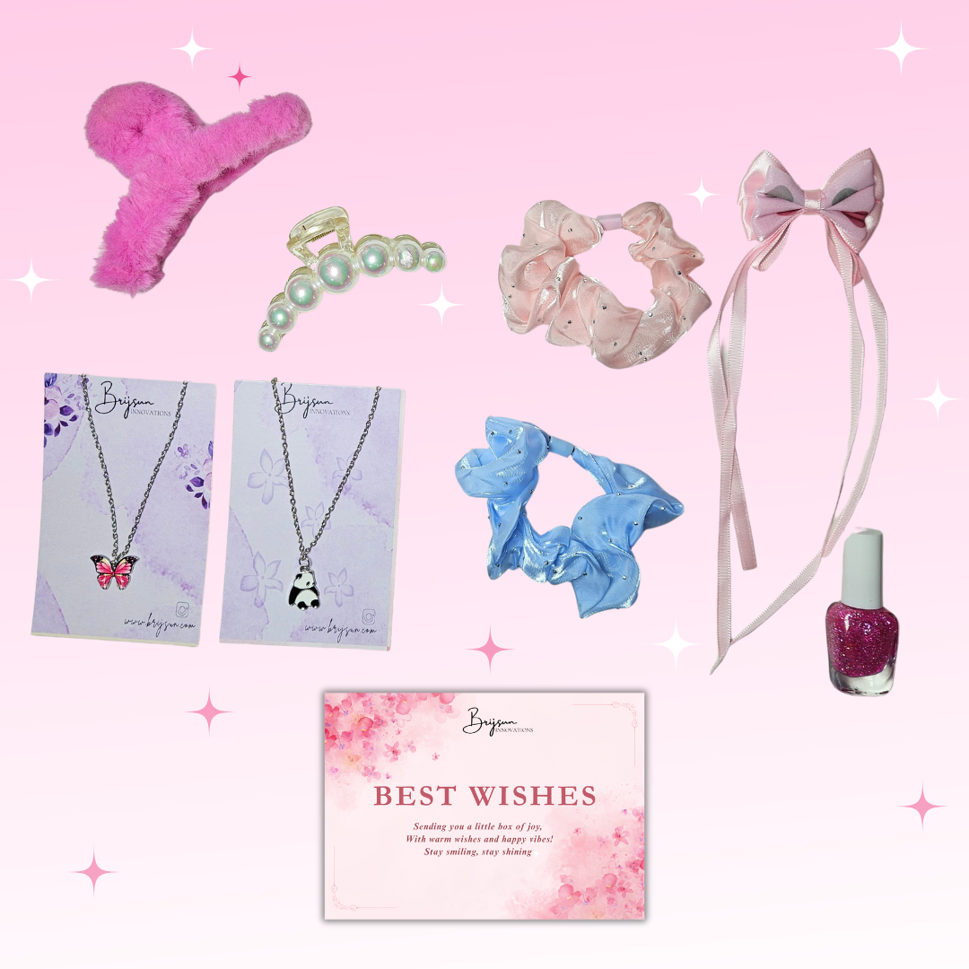 Girls Fashion Gift Set – Hair Clips, Scrunchies, Necklaces, Hair Bow & Glitter Nail Polish with Gift Card